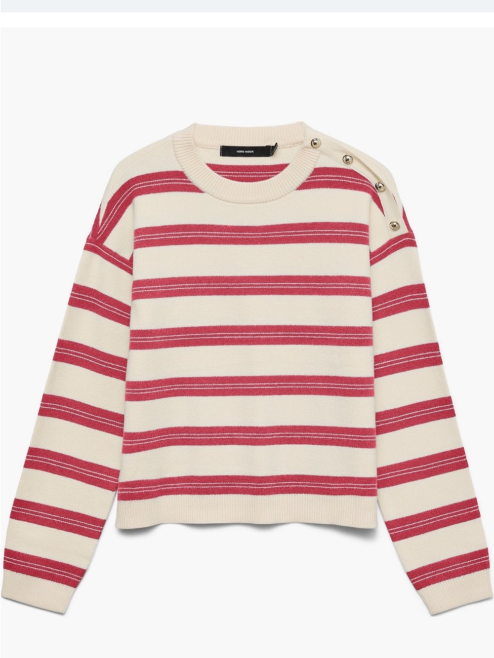 Vero Moda Cream & Red Striped Crewneck Sweater with Shoulder Buttons NWT